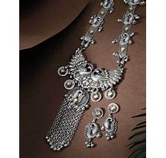 Rubans Women Oxidised Necklace & Earrings Set For Women (Silver, FS)